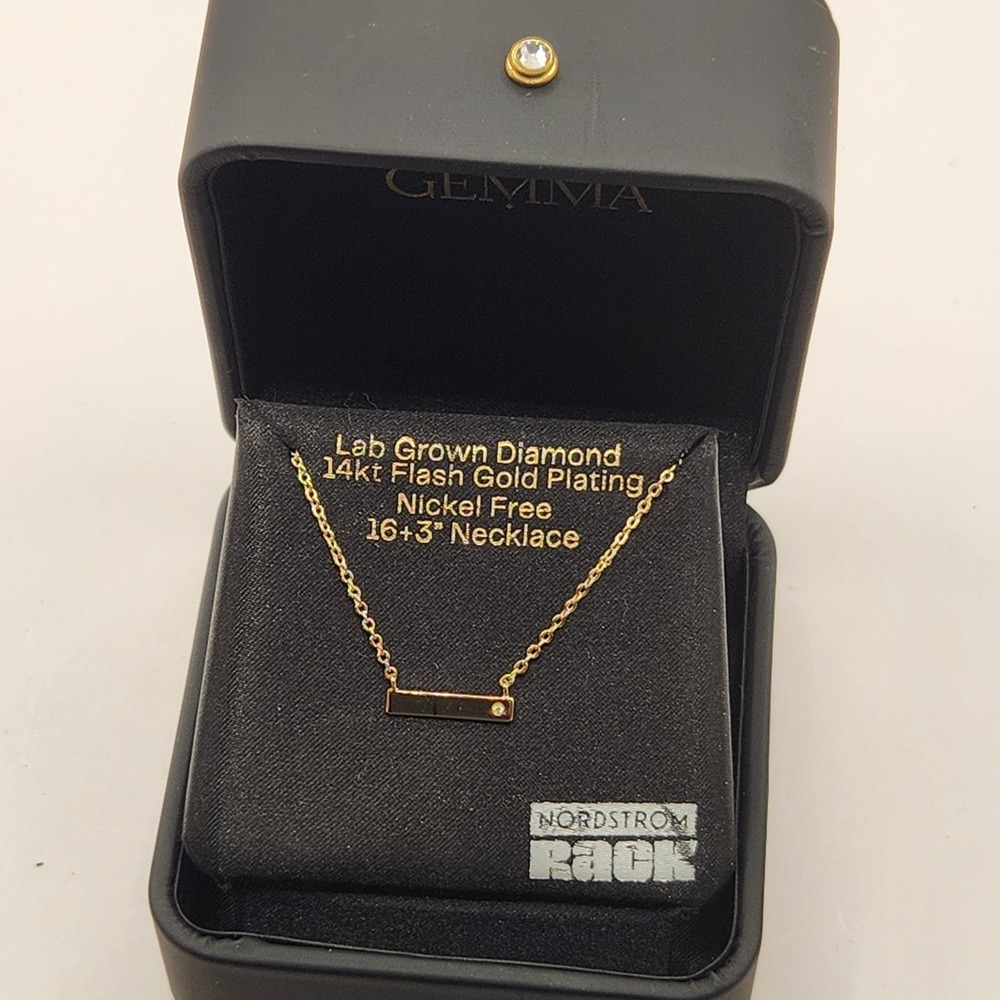 New Gemma 14kt Flash Gold Plated Lab Grown Diamond Bar Pendant Necklace 16"+3"
